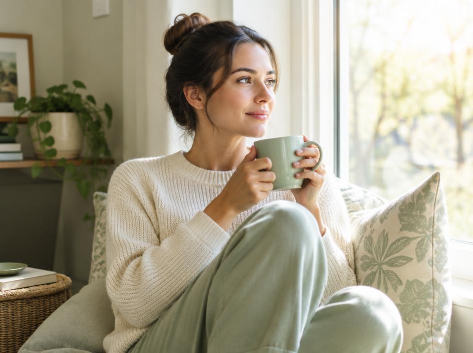 An adult sitting calmly by a window with a warm drink