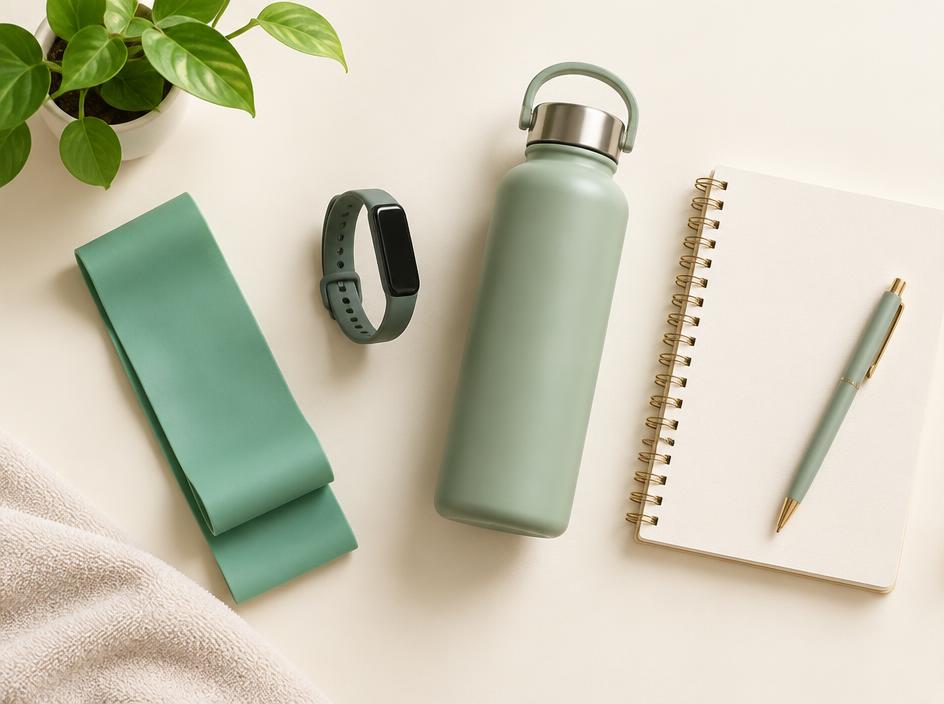 A resistance band, fitness tracker, water bottle and notebook laid out neatly