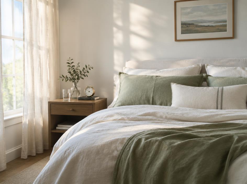 A calm, tidy bedroom in soft morning light