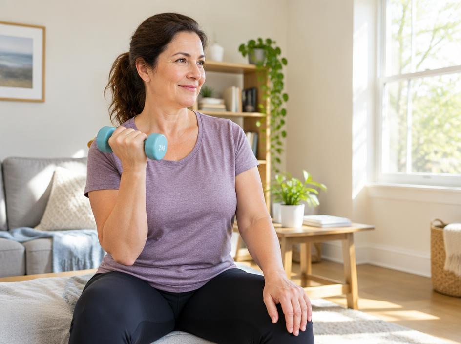 An adult lifting a light dumbbell at home in daylight