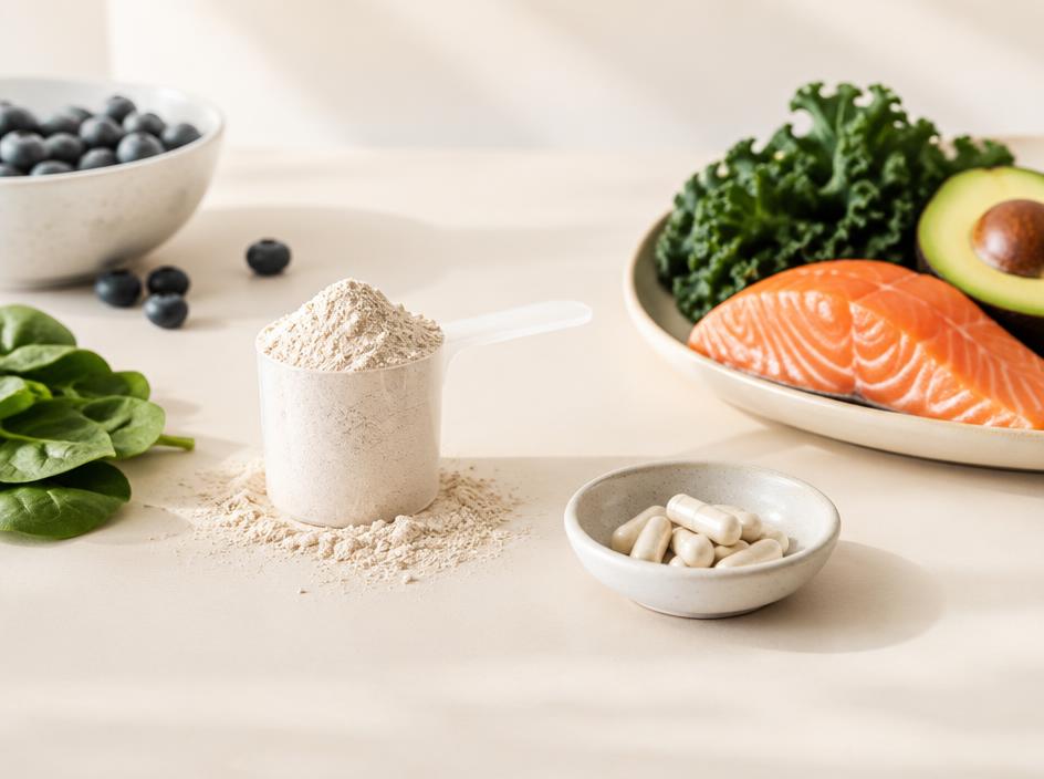 A protein scoop, capsules and whole foods on a light surface